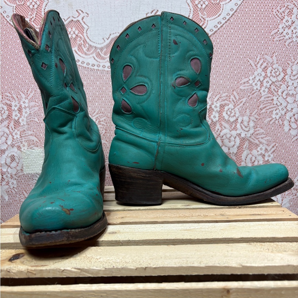 Upcycled Turquoise Cowboy Boots – Size 8.5 - Picture 2 of 5
